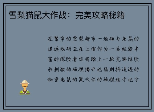 雪梨猫鼠大作战：完美攻略秘籍